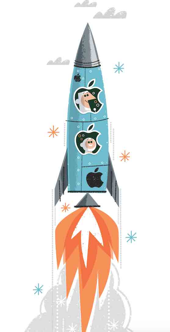 Apple branded rocket with Happy astronautand Chimp side kick in space capsule blasting off