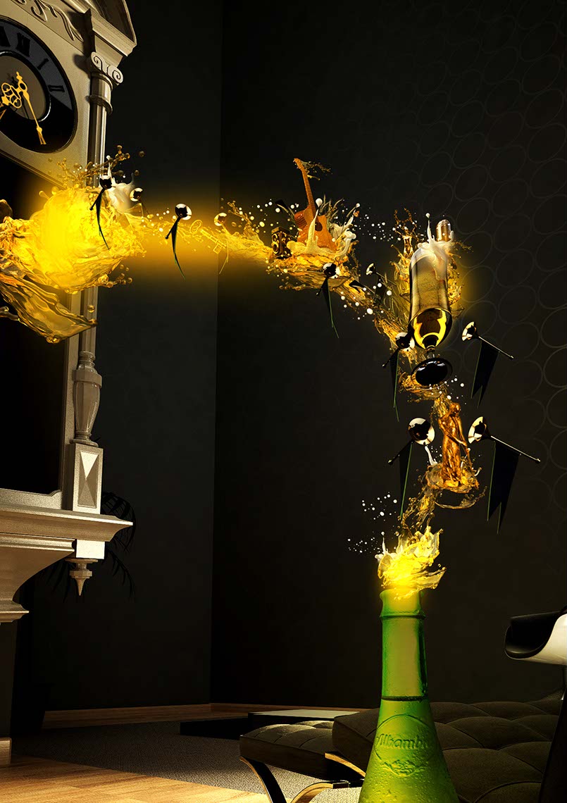 CGI-liquids-splash with wave of musical instruments