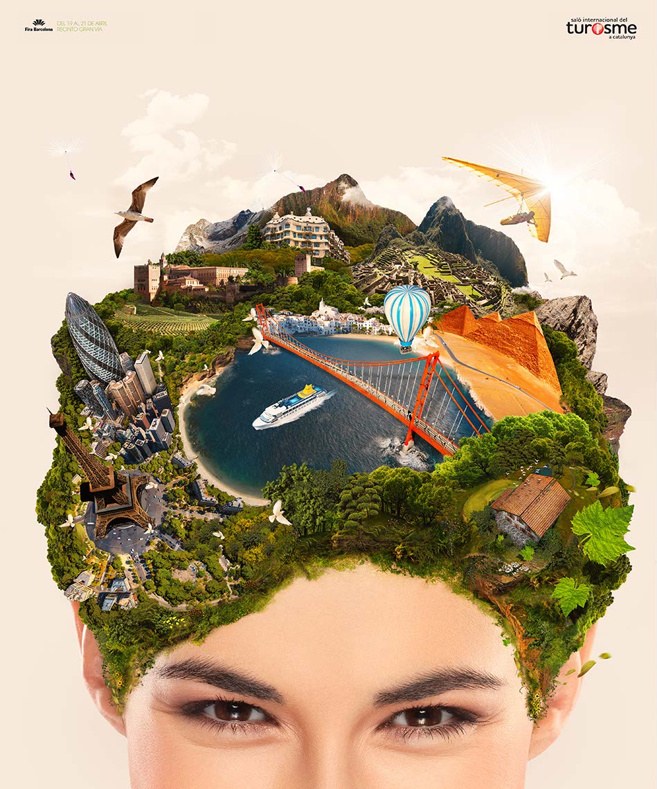CGI-photography world travel on womans head