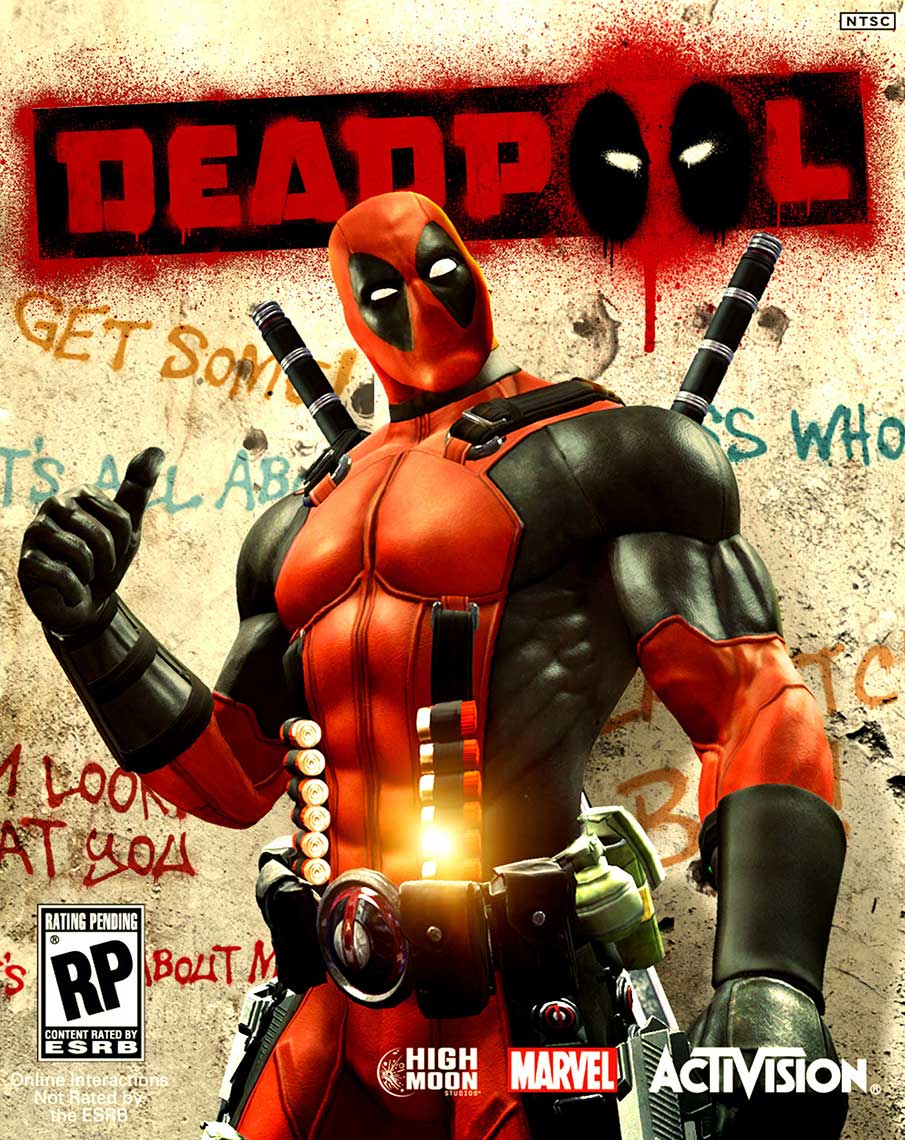 Deadpool standing in front of tagged wall for activision game cover