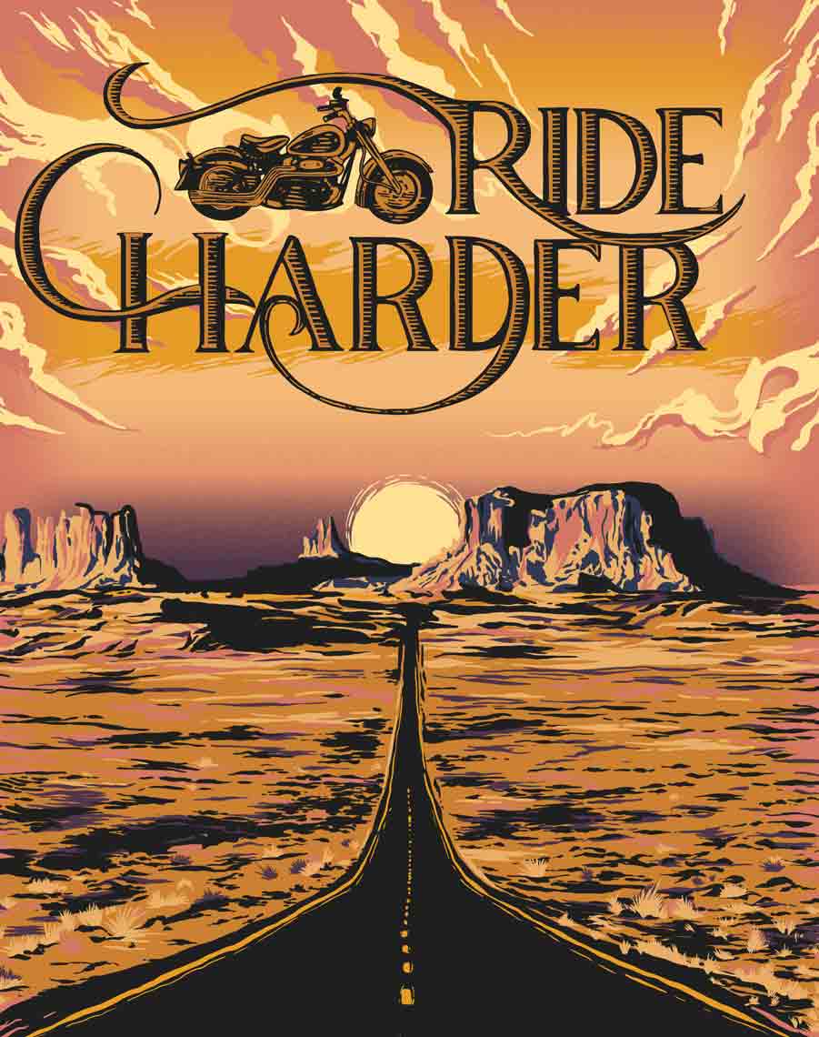 Desert-landscape-with-mesa-at-sunset-ride-harder-graphic