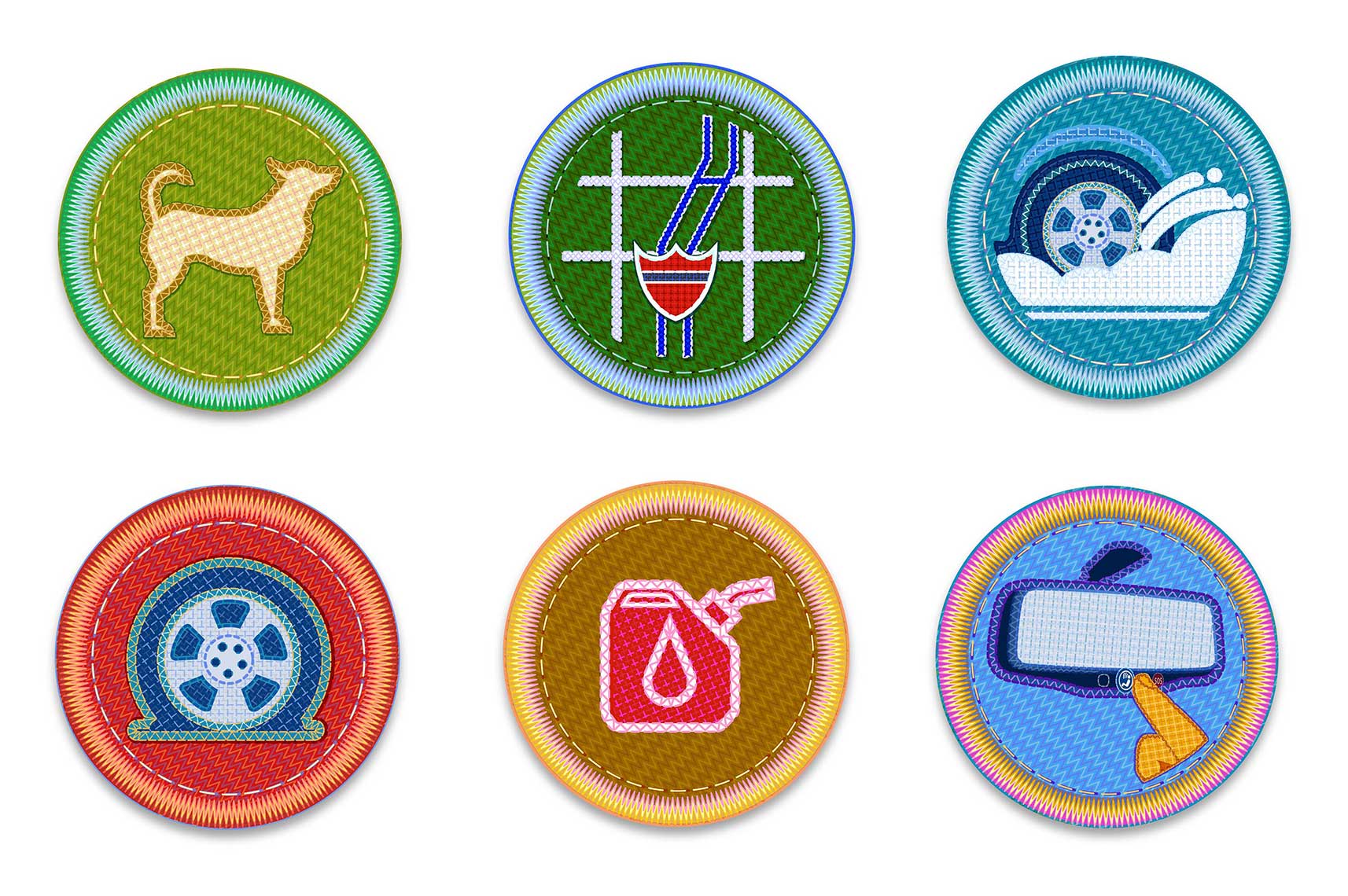 Dog-Map-Snow-Flat Tire-Low Gas-Rear View Mirror-Icon Patches
