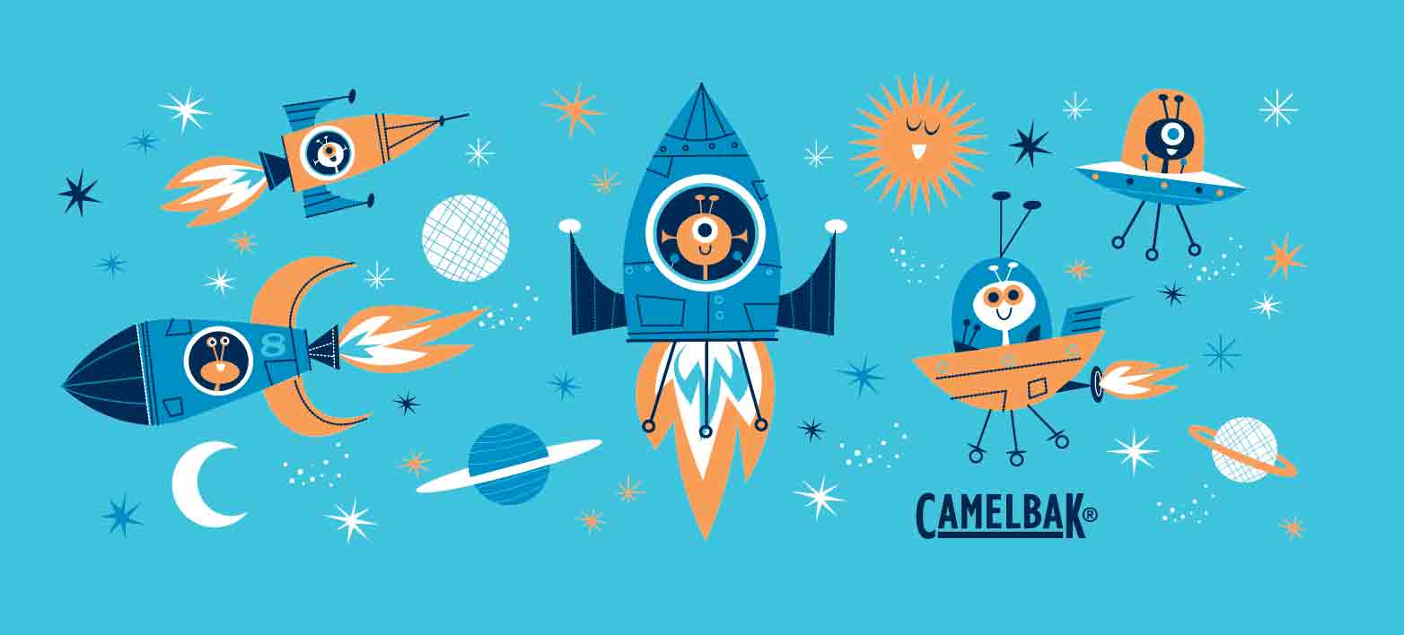 Happy Aliens flying in rocket ships for Camelback festival water bottle