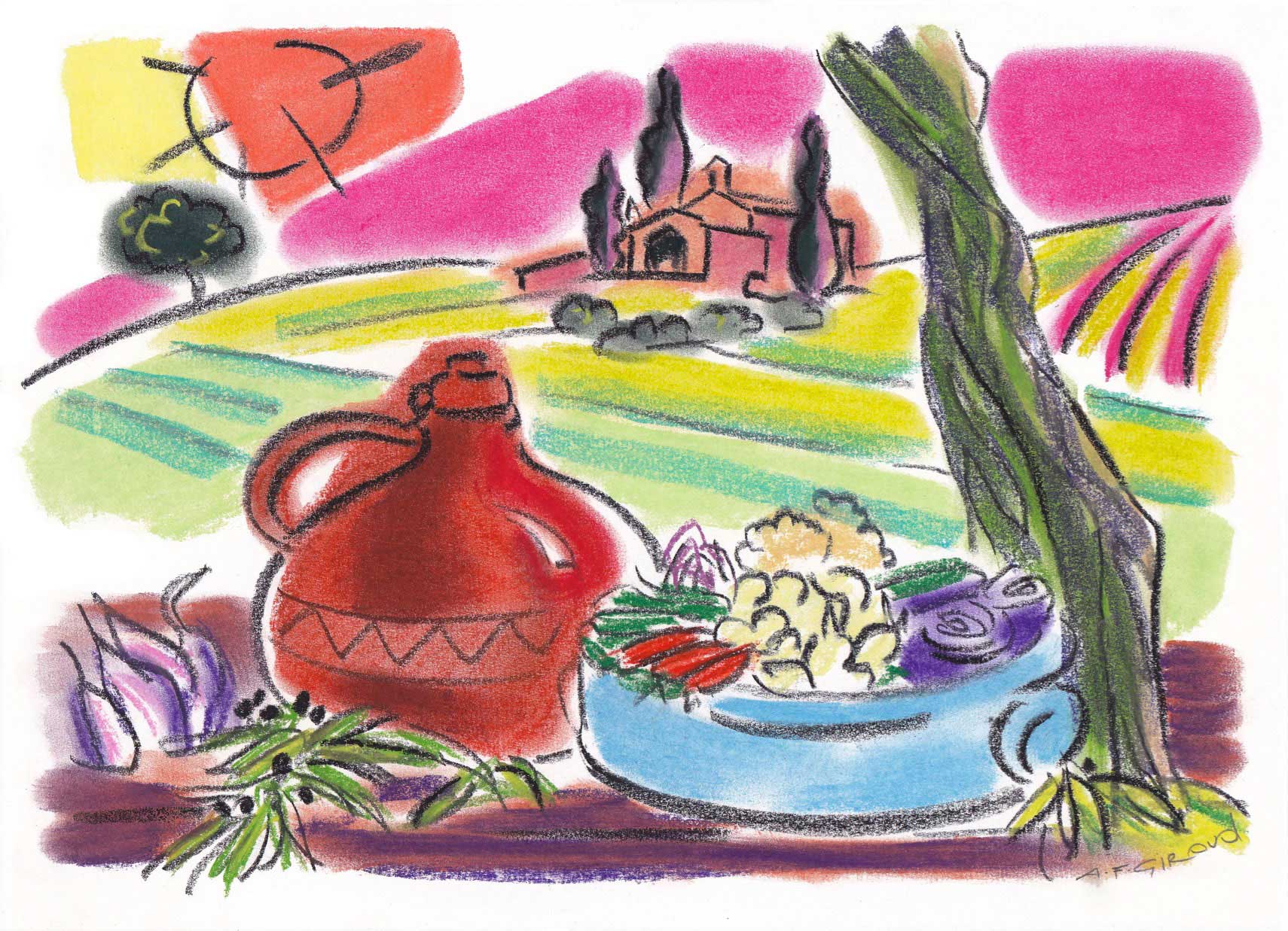 Illustration-food-wine-with_Landscapes_Picnic-Salad-Provence-annie-france-giroud