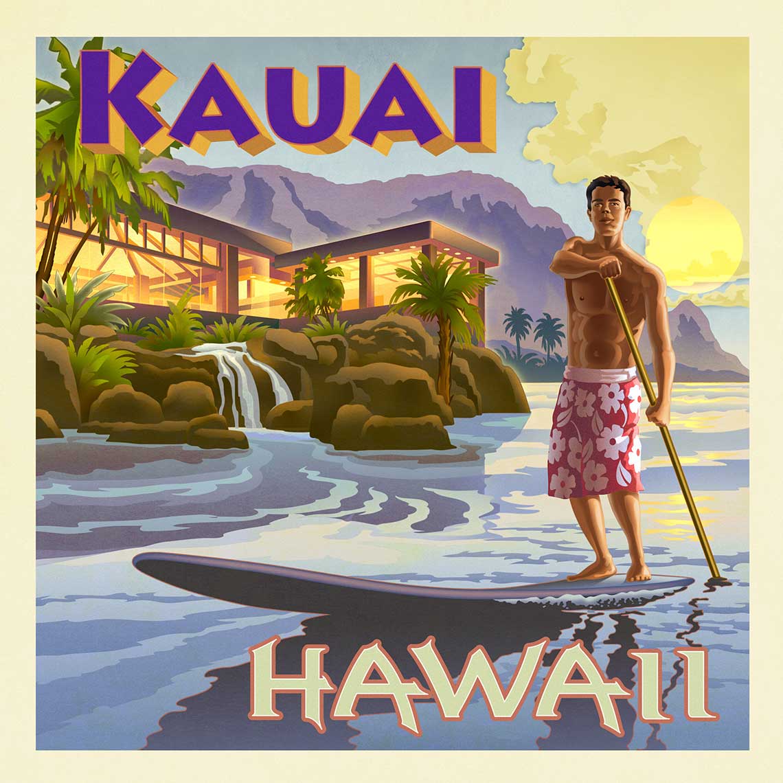 Kauai Man on Paddle Board as Sunset