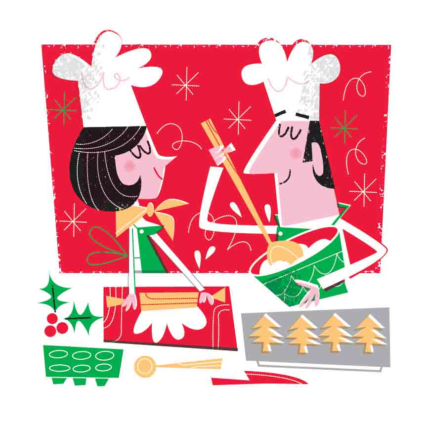 Mom and Dad with aprons and chef hats baking holiday cookies