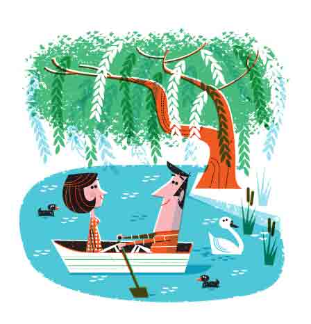 Romantic couple on rowboat in park under weeping willow tree