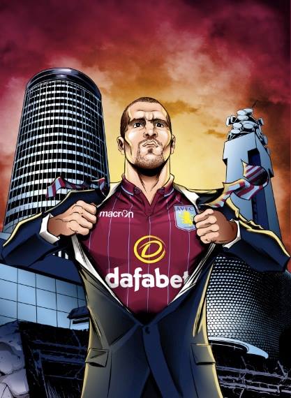 Ron Vlaar of Aston Villa FC with City Background Superman Suit Opening