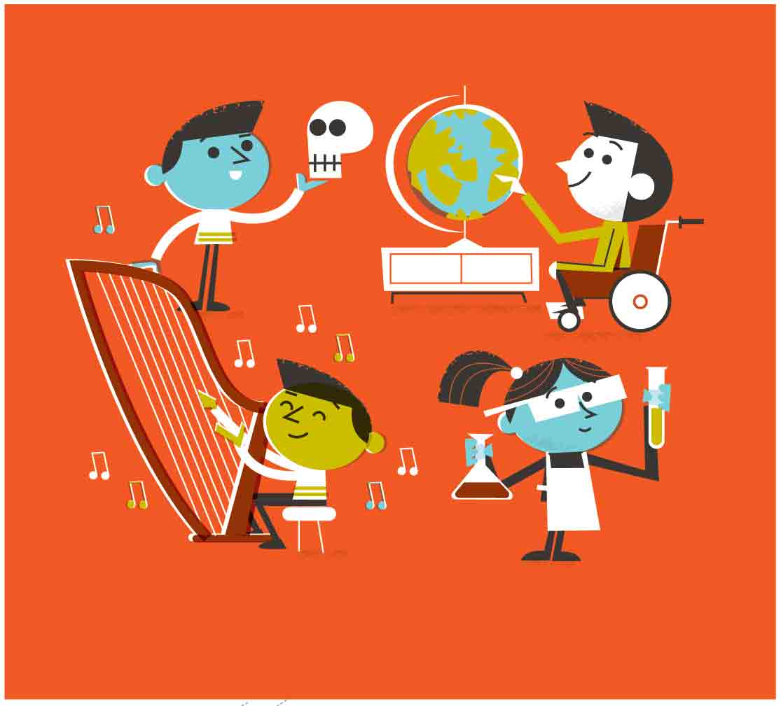 STEM kids-science-music playing harp-chemistry girl-boy in wheelchair with globe