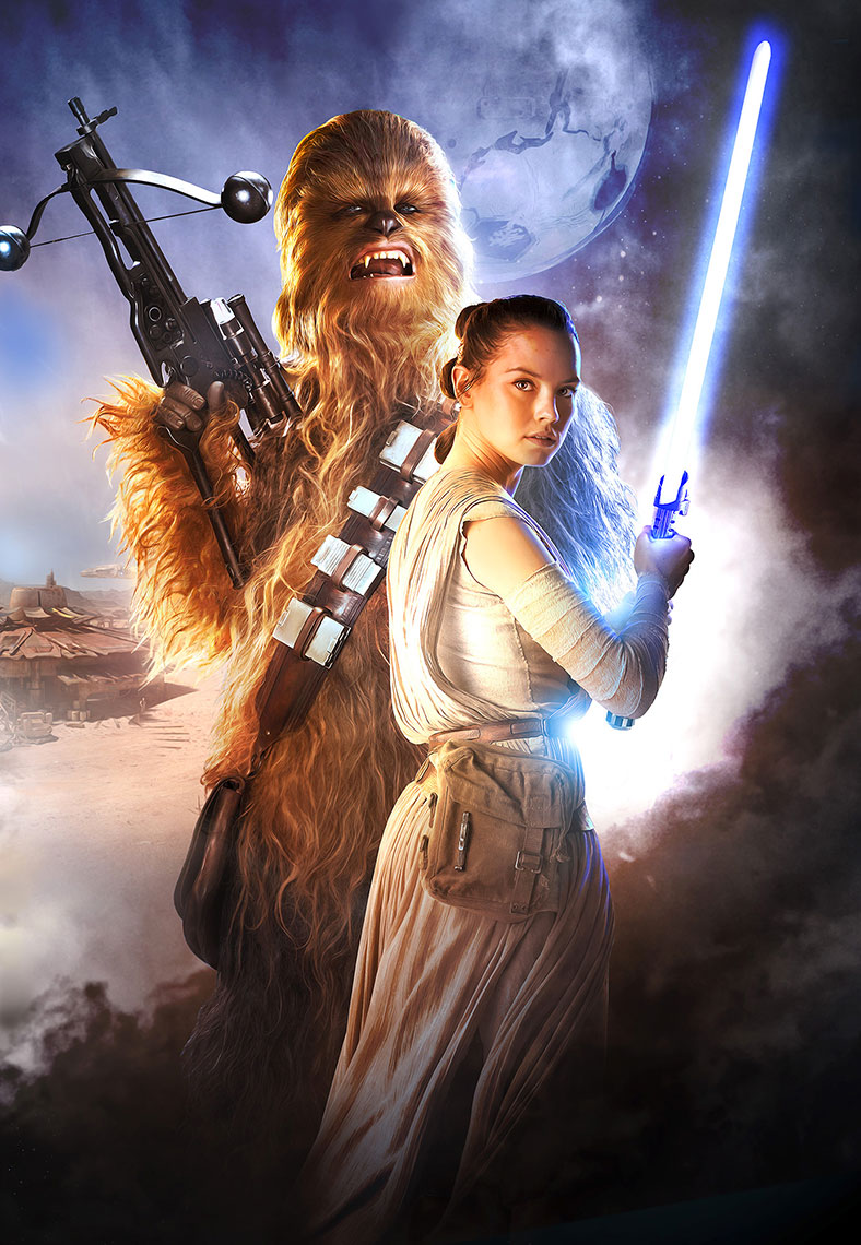 Rey with lightsaber-Chewbacca-Crossbow