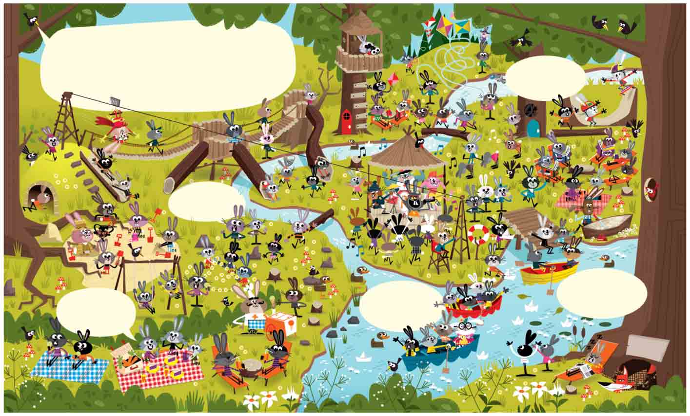 Summer-Camp-Zip line-boating-picnic-scenes-of-animated-Rabbits-inWheres-Waldo-find-it-scene