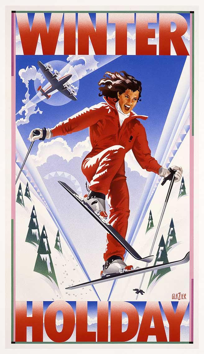 Woman Skiing in Red Skisuit_Vintage_Travel-Winter Holiday