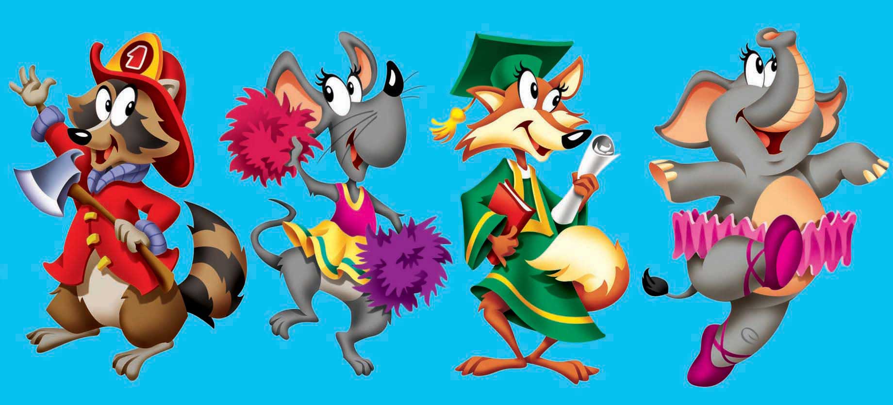 animated-rendered-cartoon-animals-racoon-fireman-mouse-cheerleader-fox-graduate-elephant-ballarina