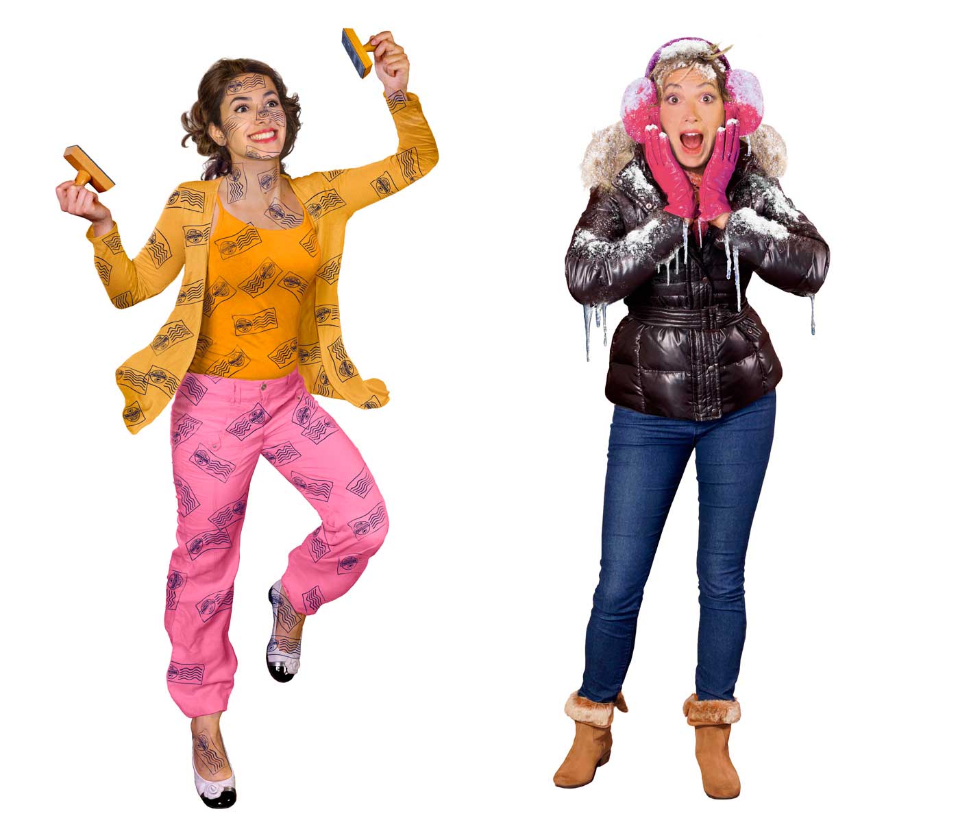 cgi-rendered-people-woman covered with ink stamps and surprised woman in winter gear covered with frost