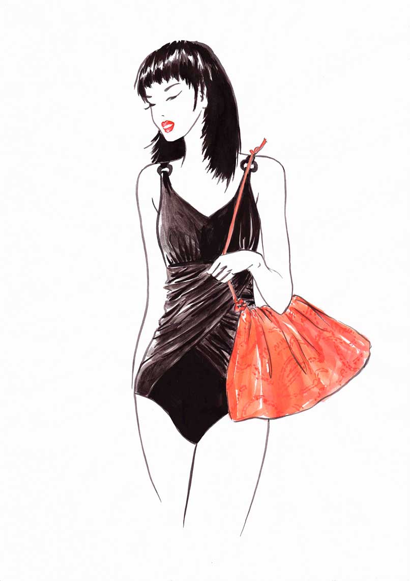 female-illustration-beauty-style-Fashion-Black-Swimsuit-Red-Bag-annie-france-giroud