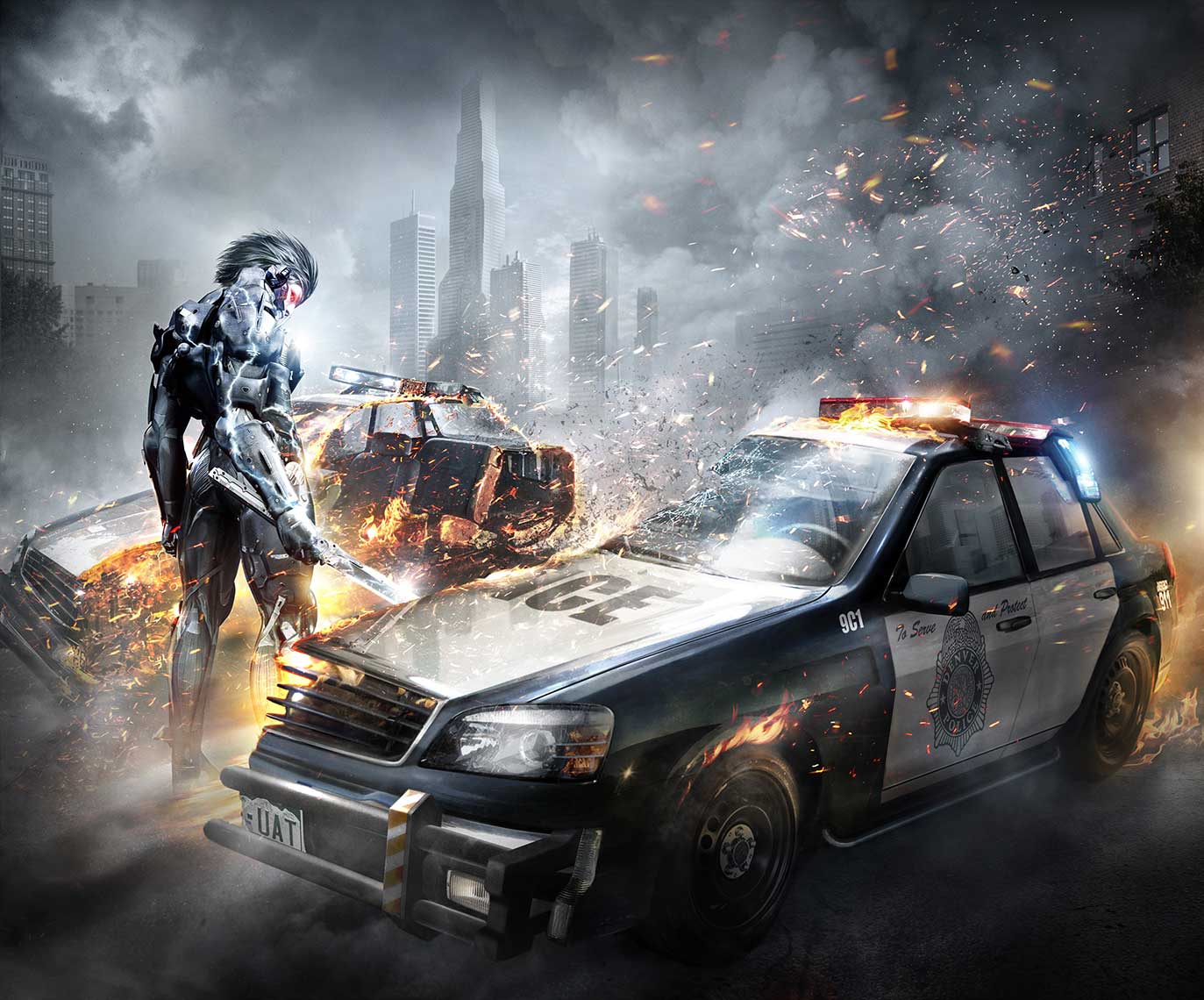 game-imagery-Metal Gear-sawing-police-car-in-half-destroyed-apocalyptic-background