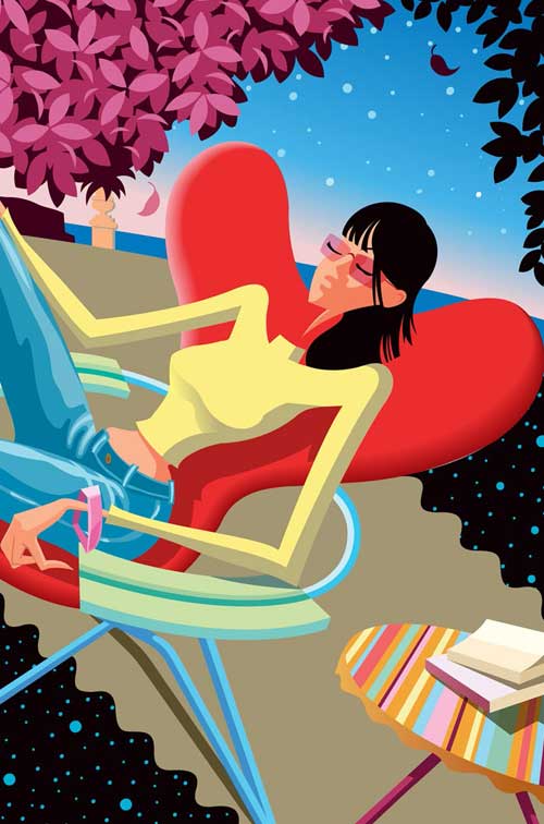 girl relasinxing on modern outdoor chair