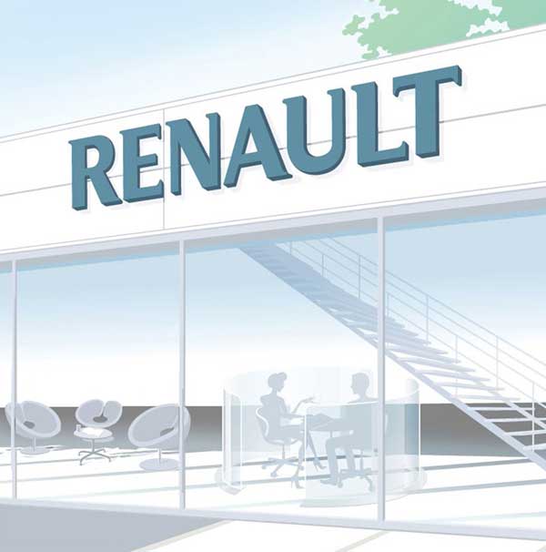 glass front andn interior of renault car dealership