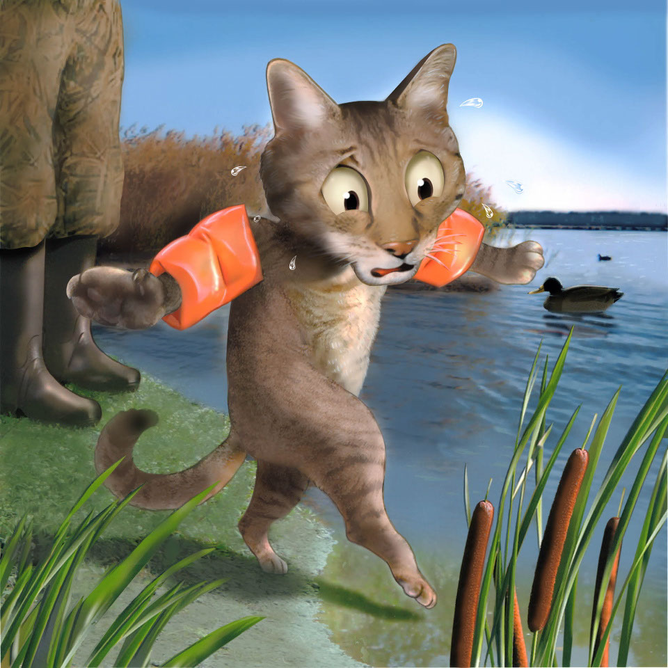 illustration-Animals and Nature_Cat afraid of water-Impressa