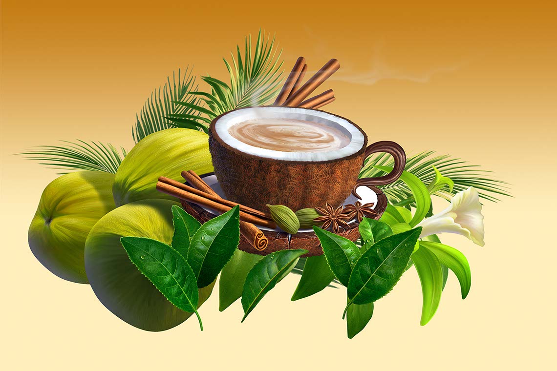 illustration-Coconut teacup with cocoa beans cinnamon mint leaves and vanilla flowers by -Jerry LoFaro
