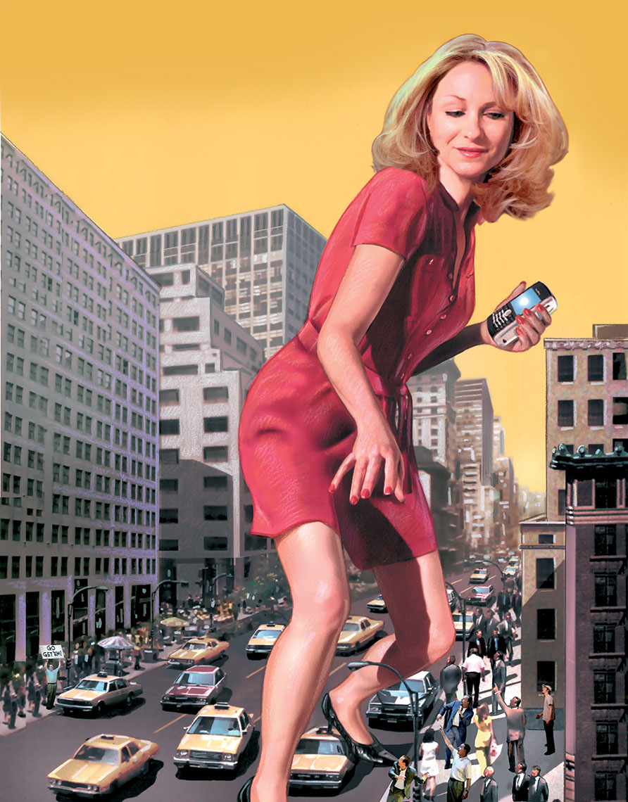 illustration-People_Giant business woman walking around city-Impressa