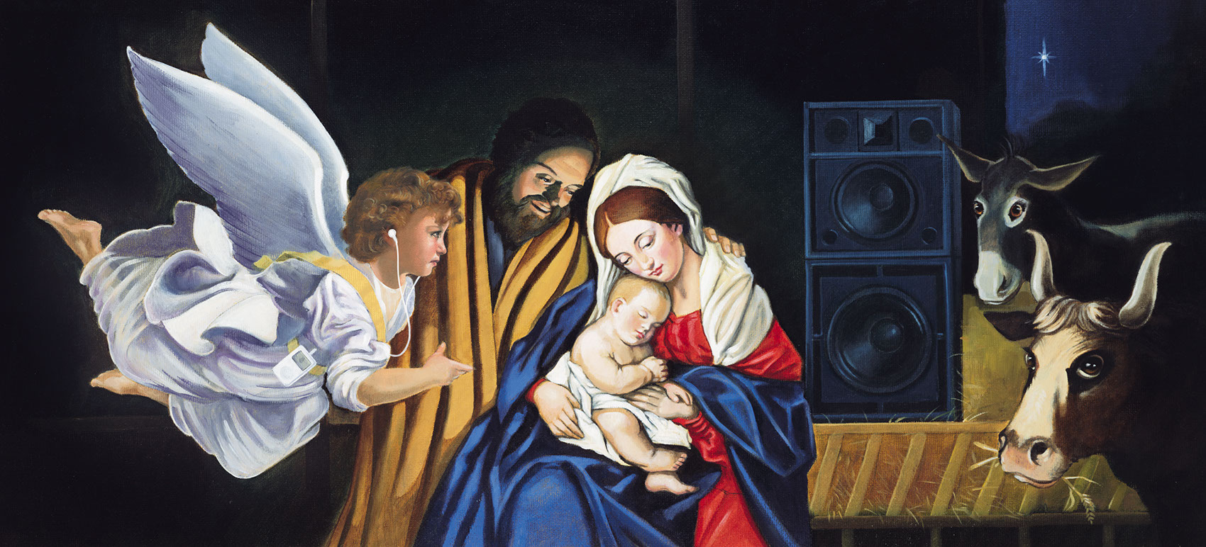 illustration-Retro_Ipods and speakers at the birth of jesus-Pastiche