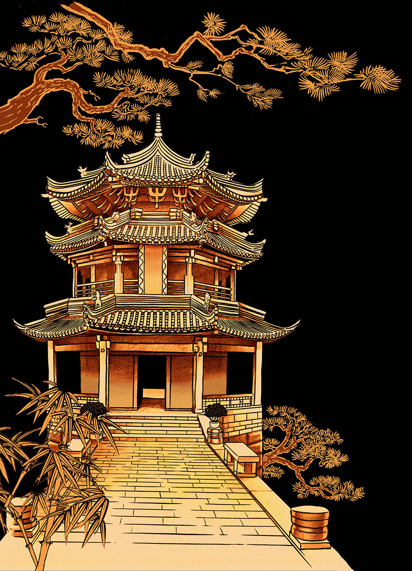 illustration-Retro_Oriental style orange pagoda scene-Pastiche