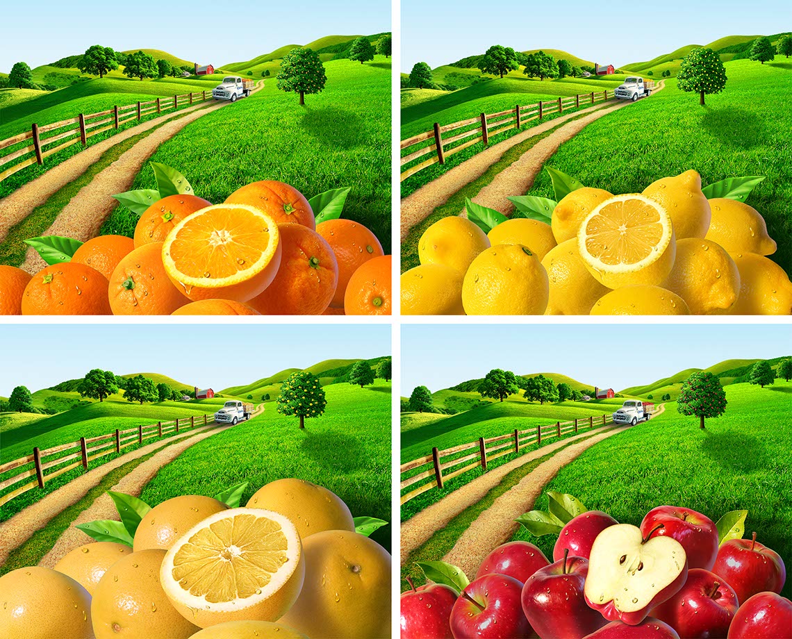 illustration-Sliced oranges lemons grapefruits and apples on rolling farm landscape-Jerry LoFaro