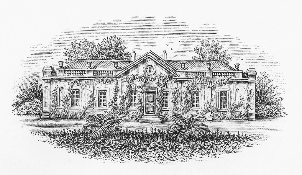 illustration-bw-etching-linework-country-mansion-Dave Hopkins