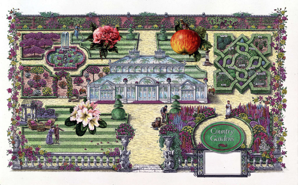 illustration-etching-linework-color-overhead-of-british-formal-country-gardens-Dave Hopkins