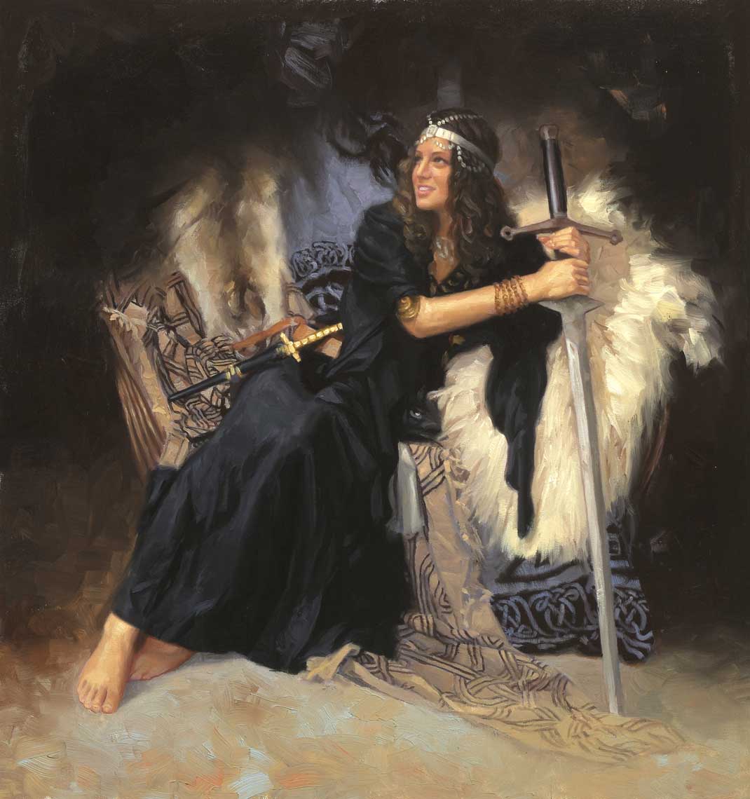 illustration oil painting-retro-beautiful woman with sword