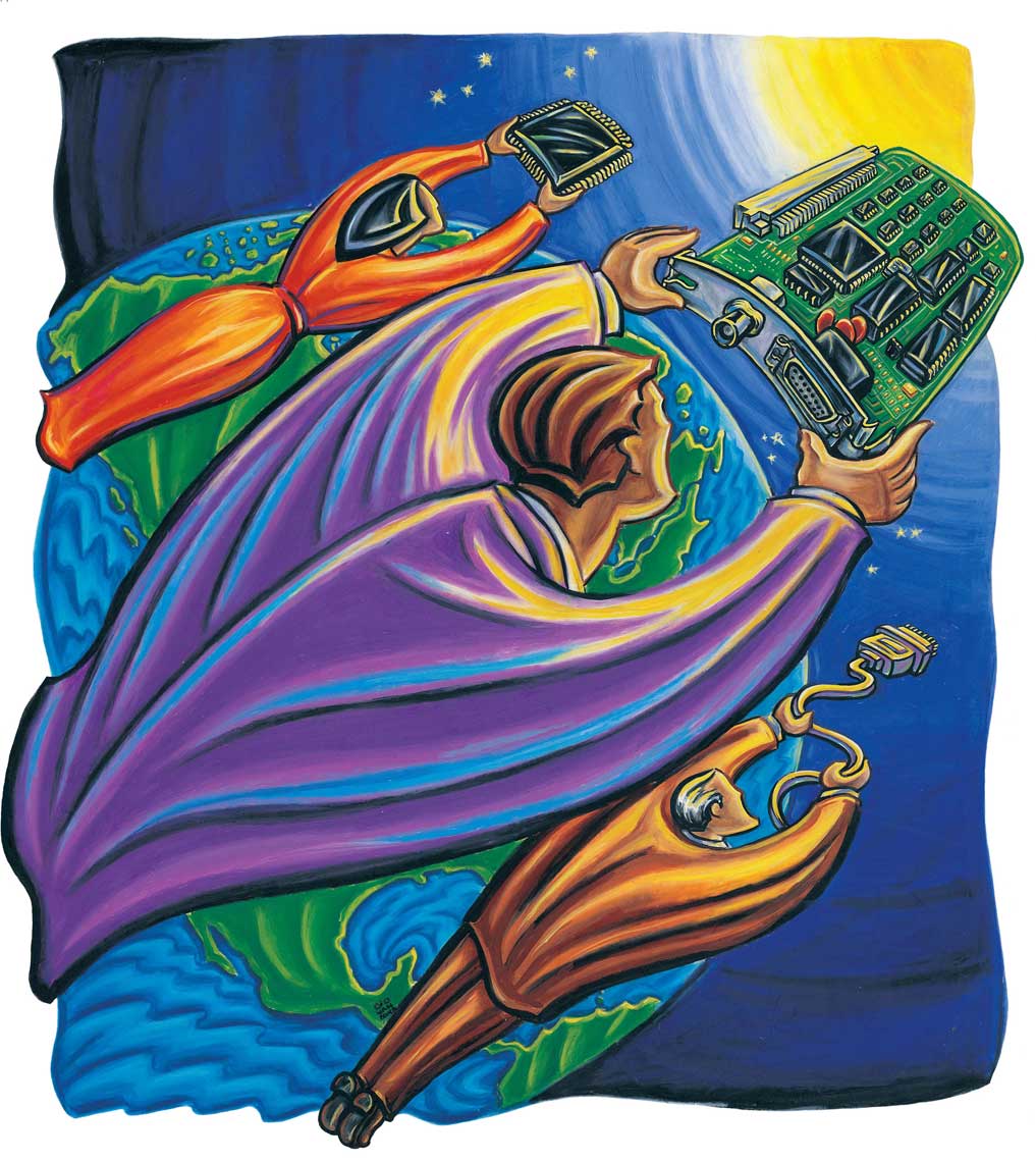 illustration pastels-flying business people holding technology devicesgiovannina