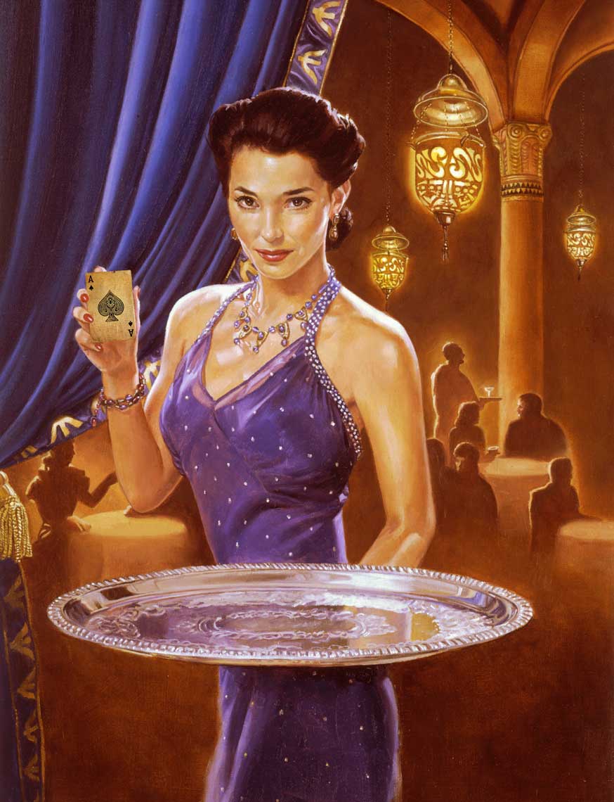 illustration retro oil paiting pinup cigarette girl with ace of spades