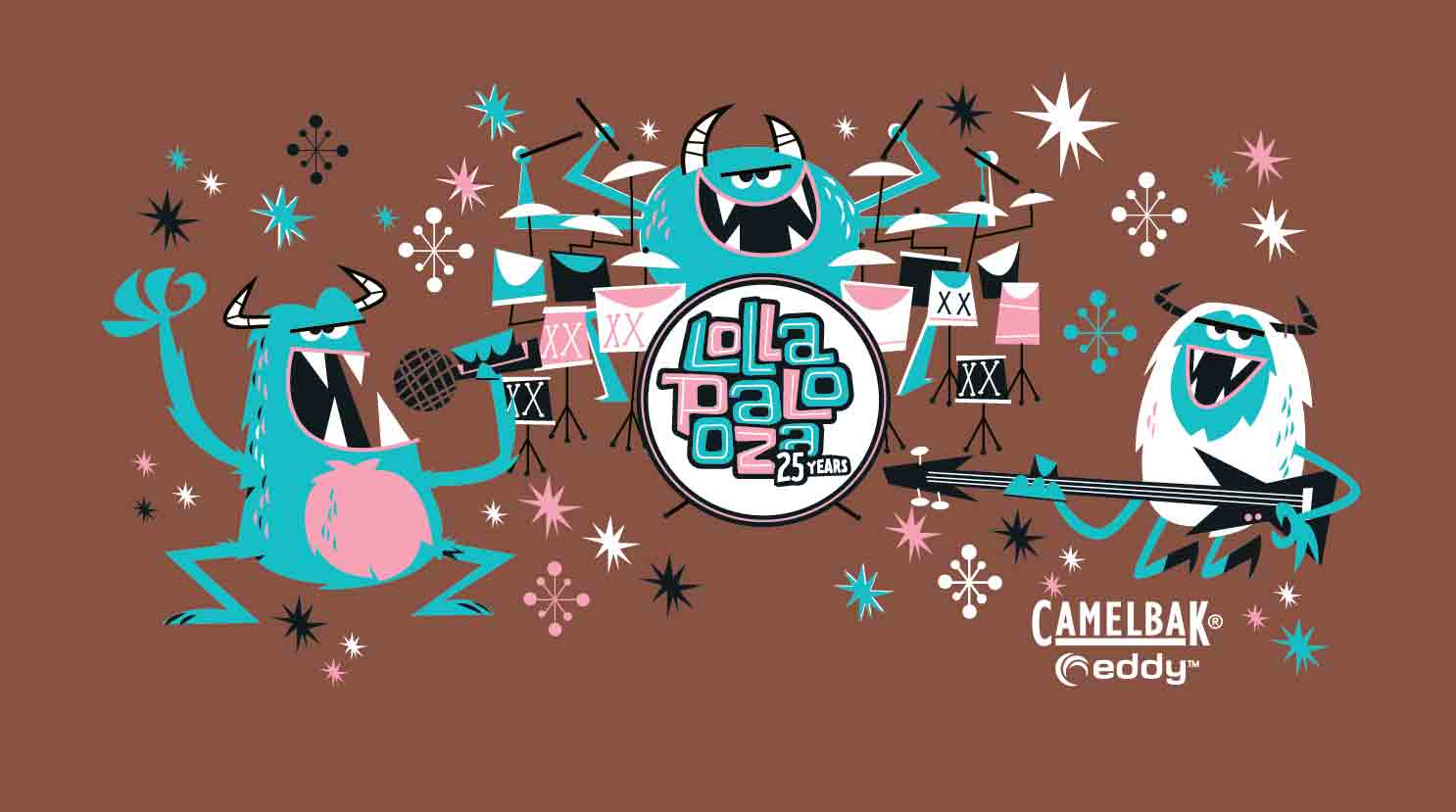 jamming Monster rock band-singer-guitarist-drums-Lollapalooza 25th anniversary water bottle Camelback bottle
