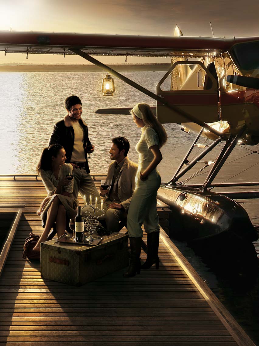 photo-imaging-30s-attractive-blonde-brunette-couples-on dock-drinking wine-at sunset-with sea plane-Frank Neidhardt