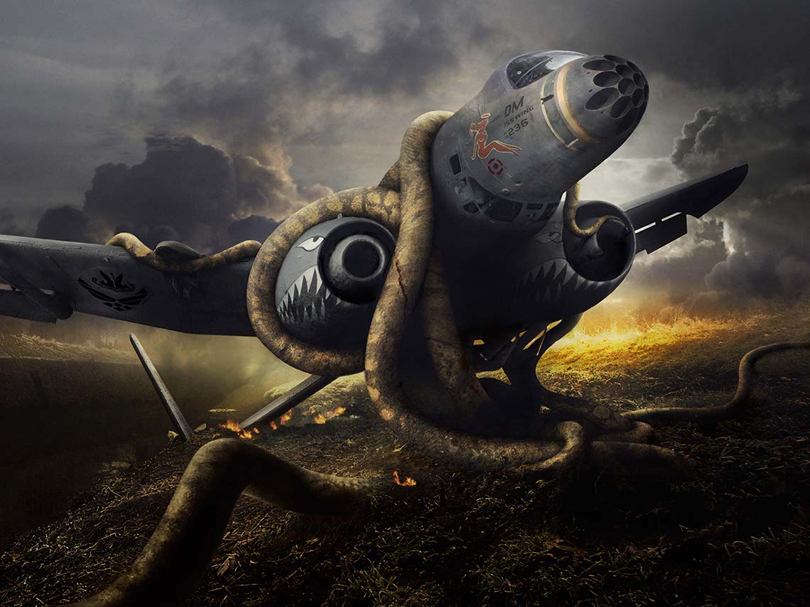 photo-imaging-entertainment-game-imagery-Enchanted-burning-wreckage-of-fighter-jet-with-boa-constrictor-wrapped-around-fusilage-Mike Bryan